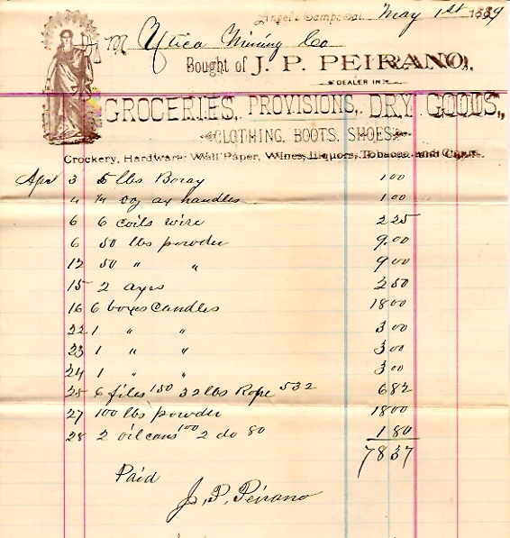 Utica Mining Co. - J P Peirano billhead general merchandise 05-01-1889