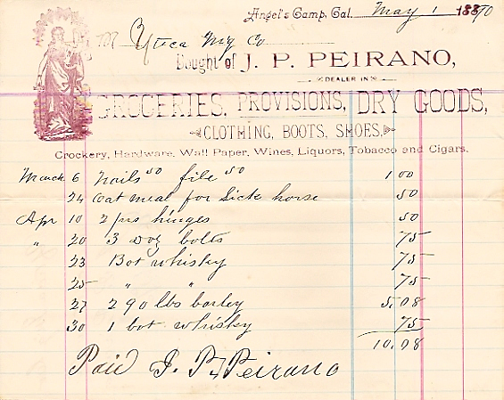 J.P. Peirano to Utica Mining Company, May 1, 1890 - General Merchandise Bill
