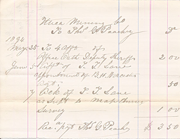 Thof. Peachy Receipt - Utica Mine, May 25,1890